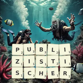Kreative Illustration für ein Scrabble-Spiel, bei dem das Wort PUBLIZISTISCHER mit Steinen auf dem Brett gelegt wurde.