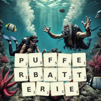 Kreative Illustration für ein Scrabble-Spiel, bei dem das Wort PUFFERBATTERIE mit Steinen auf dem Brett gelegt wurde.
