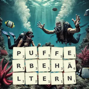 Kreative Illustration für ein Scrabble-Spiel, bei dem das Wort PUFFERBEHÄLTERN mit Steinen auf dem Brett gelegt wurde.