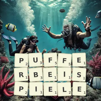 Kreative Illustration für ein Scrabble-Spiel, bei dem das Wort PUFFERBEISPIELE mit Steinen auf dem Brett gelegt wurde.