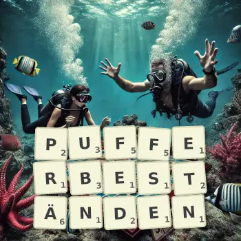 Kreative Illustration für ein Scrabble-Spiel, bei dem das Wort PUFFERBESTÄNDEN mit Steinen auf dem Brett gelegt wurde.