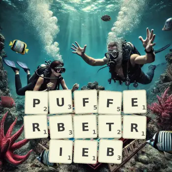 Kreative Illustration für ein Scrabble-Spiel, bei dem das Wort PUFFERBETRIEB mit Steinen auf dem Brett gelegt wurde.