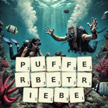 Kreative Illustration für ein Scrabble-Spiel, bei dem das Wort PUFFERBETRIEBE mit Steinen auf dem Brett gelegt wurde.