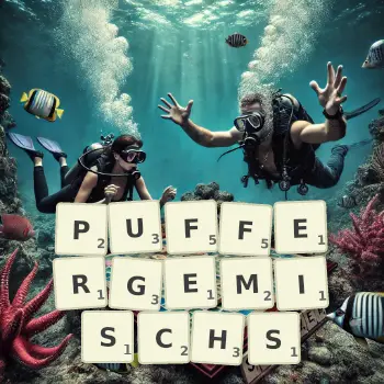 Kreative Illustration für ein Scrabble-Spiel, bei dem das Wort PUFFERGEMISCHS mit Steinen auf dem Brett gelegt wurde.