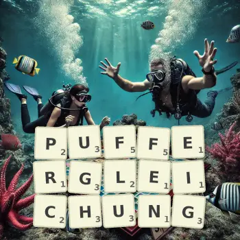 Kreative Illustration für ein Scrabble-Spiel, bei dem das Wort PUFFERGLEICHUNG mit Steinen auf dem Brett gelegt wurde.