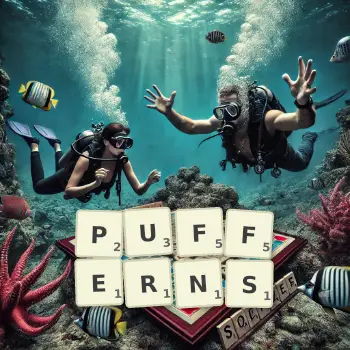 Kreative Illustration für ein Scrabble-Spiel, bei dem das Wort PUFFERNS mit Steinen auf dem Brett gelegt wurde.