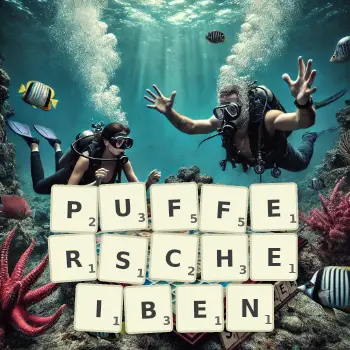 Kreative Illustration für ein Scrabble-Spiel, bei dem das Wort PUFFERSCHEIBEN mit Steinen auf dem Brett gelegt wurde.