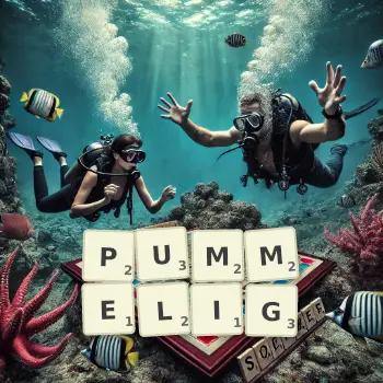 Kreative Illustration für ein Scrabble-Spiel, bei dem das Wort PUMMELIG mit Steinen auf dem Brett gelegt wurde.