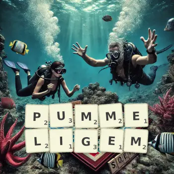 Kreative Illustration für ein Scrabble-Spiel, bei dem das Wort PUMMELIGEM mit Steinen auf dem Brett gelegt wurde.