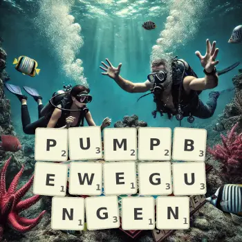 Kreative Illustration für ein Scrabble-Spiel, bei dem das Wort PUMPBEWEGUNGEN mit Steinen auf dem Brett gelegt wurde.