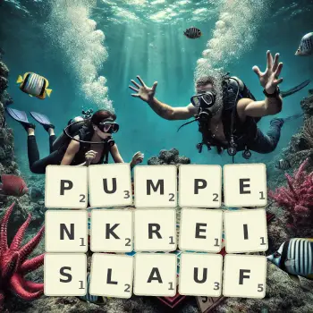Kreative Illustration für ein Scrabble-Spiel, bei dem das Wort PUMPENKREISLAUF mit Steinen auf dem Brett gelegt wurde.