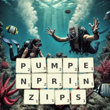 Kreative Illustration für ein Scrabble-Spiel, bei dem das Wort PUMPENPRINZIPS mit Steinen auf dem Brett gelegt wurde.