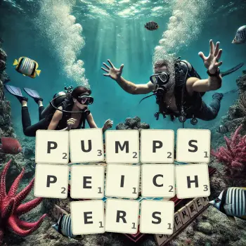 Kreative Illustration für ein Scrabble-Spiel, bei dem das Wort PUMPSPEICHERS mit Steinen auf dem Brett gelegt wurde.