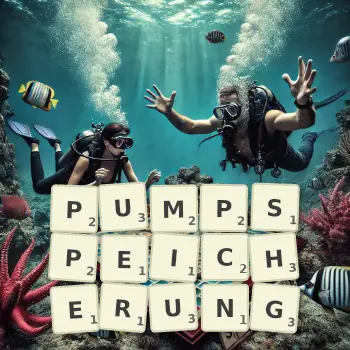 Kreative Illustration für ein Scrabble-Spiel, bei dem das Wort PUMPSPEICHERUNG mit Steinen auf dem Brett gelegt wurde.