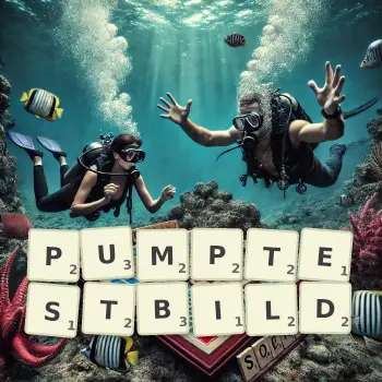 Kreative Illustration für ein Scrabble-Spiel, bei dem das Wort PUMPTESTBILD mit Steinen auf dem Brett gelegt wurde.