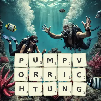 Kreative Illustration für ein Scrabble-Spiel, bei dem das Wort PUMPVORRICHTUNG mit Steinen auf dem Brett gelegt wurde.