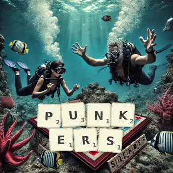 Kreative Illustration für ein Scrabble-Spiel, bei dem das Wort PUNKERS mit Steinen auf dem Brett gelegt wurde.