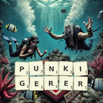 Kreative Illustration für ein Scrabble-Spiel, bei dem das Wort PUNKIGERER mit Steinen auf dem Brett gelegt wurde.