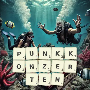 Kreative Illustration für ein Scrabble-Spiel, bei dem das Wort PUNKKONZERTEN mit Steinen auf dem Brett gelegt wurde.