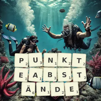 Kreative Illustration für ein Scrabble-Spiel, bei dem das Wort PUNKTEABSTÄNDE mit Steinen auf dem Brett gelegt wurde.