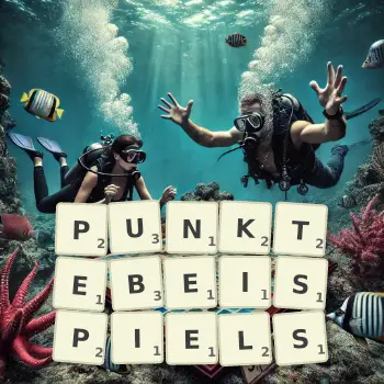 Kreative Illustration für ein Scrabble-Spiel, bei dem das Wort PUNKTEBEISPIELS mit Steinen auf dem Brett gelegt wurde.