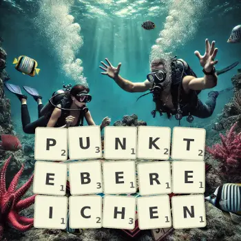 Kreative Illustration für ein Scrabble-Spiel, bei dem das Wort PUNKTEBEREICHEN mit Steinen auf dem Brett gelegt wurde.