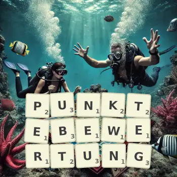 Kreative Illustration für ein Scrabble-Spiel, bei dem das Wort PUNKTEBEWERTUNG mit Steinen auf dem Brett gelegt wurde.