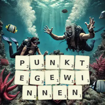 Kreative Illustration für ein Scrabble-Spiel, bei dem das Wort PUNKTEGEWINNEN mit Steinen auf dem Brett gelegt wurde.