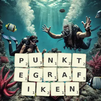 Kreative Illustration für ein Scrabble-Spiel, bei dem das Wort PUNKTEGRAFIKEN mit Steinen auf dem Brett gelegt wurde.