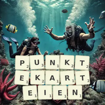 Kreative Illustration für ein Scrabble-Spiel, bei dem das Wort PUNKTEKARTEIEN mit Steinen auf dem Brett gelegt wurde.