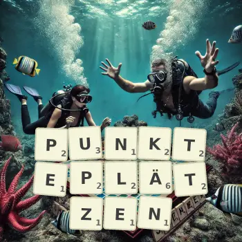 Kreative Illustration für ein Scrabble-Spiel, bei dem das Wort PUNKTEPLÄTZEN mit Steinen auf dem Brett gelegt wurde.