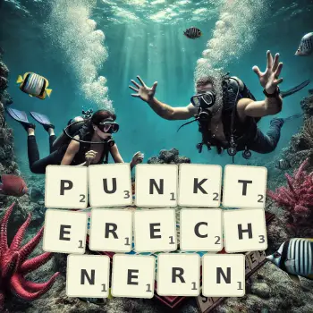 Kreative Illustration für ein Scrabble-Spiel, bei dem das Wort PUNKTERECHNERN mit Steinen auf dem Brett gelegt wurde.