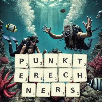 Kreative Illustration für ein Scrabble-Spiel, bei dem das Wort PUNKTERECHNERS mit Steinen auf dem Brett gelegt wurde.