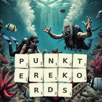 Kreative Illustration für ein Scrabble-Spiel, bei dem das Wort PUNKTEREKORDS mit Steinen auf dem Brett gelegt wurde.