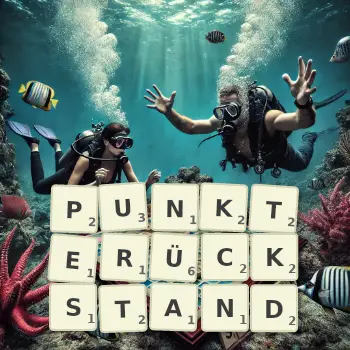 Kreative Illustration für ein Scrabble-Spiel, bei dem das Wort PUNKTERÜCKSTAND mit Steinen auf dem Brett gelegt wurde.