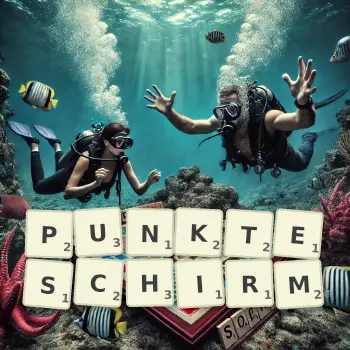 Kreative Illustration für ein Scrabble-Spiel, bei dem das Wort PUNKTESCHIRM mit Steinen auf dem Brett gelegt wurde.