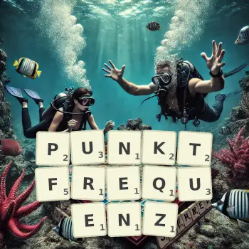 Kreative Illustration für ein Scrabble-Spiel, bei dem das Wort PUNKTFREQUENZ mit Steinen auf dem Brett gelegt wurde.
