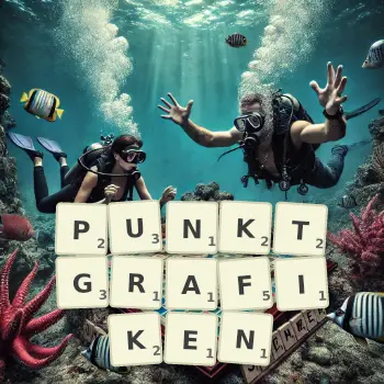 Kreative Illustration für ein Scrabble-Spiel, bei dem das Wort PUNKTGRAFIKEN mit Steinen auf dem Brett gelegt wurde.