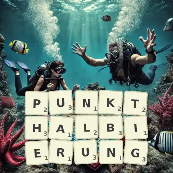 Kreative Illustration für ein Scrabble-Spiel, bei dem das Wort PUNKTHALBIERUNG mit Steinen auf dem Brett gelegt wurde.