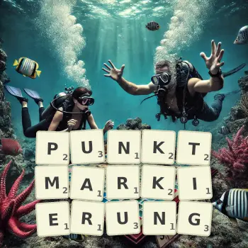 Kreative Illustration für ein Scrabble-Spiel, bei dem das Wort PUNKTMARKIERUNG mit Steinen auf dem Brett gelegt wurde.