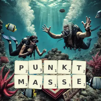 Kreative Illustration für ein Scrabble-Spiel, bei dem das Wort PUNKTMASSE mit Steinen auf dem Brett gelegt wurde.