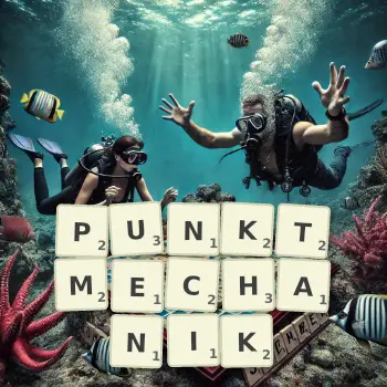 Kreative Illustration für ein Scrabble-Spiel, bei dem das Wort PUNKTMECHANIK mit Steinen auf dem Brett gelegt wurde.