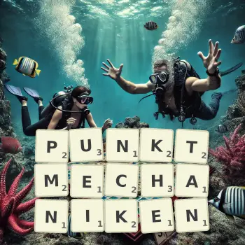 Kreative Illustration für ein Scrabble-Spiel, bei dem das Wort PUNKTMECHANIKEN mit Steinen auf dem Brett gelegt wurde.