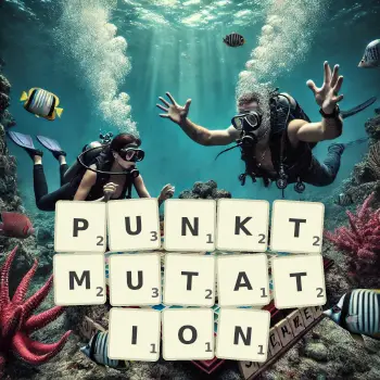 Kreative Illustration für ein Scrabble-Spiel, bei dem das Wort PUNKTMUTATION mit Steinen auf dem Brett gelegt wurde.