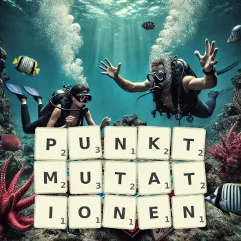 Kreative Illustration für ein Scrabble-Spiel, bei dem das Wort PUNKTMUTATIONEN mit Steinen auf dem Brett gelegt wurde.