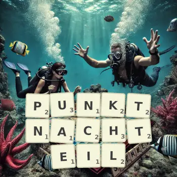 Kreative Illustration für ein Scrabble-Spiel, bei dem das Wort PUNKTNACHTEIL mit Steinen auf dem Brett gelegt wurde.