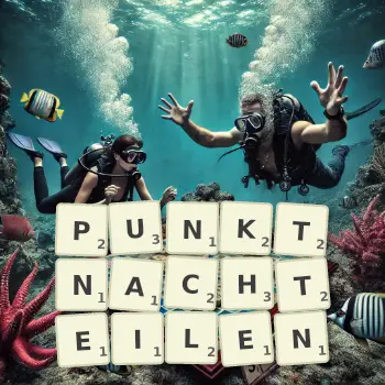 Kreative Illustration für ein Scrabble-Spiel, bei dem das Wort PUNKTNACHTEILEN mit Steinen auf dem Brett gelegt wurde.