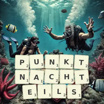 Kreative Illustration für ein Scrabble-Spiel, bei dem das Wort PUNKTNACHTEILS mit Steinen auf dem Brett gelegt wurde.
