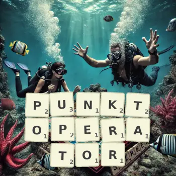 Kreative Illustration für ein Scrabble-Spiel, bei dem das Wort PUNKTOPERATOR mit Steinen auf dem Brett gelegt wurde.