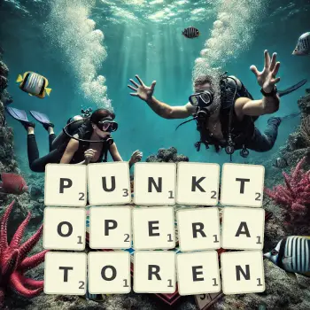 Kreative Illustration für ein Scrabble-Spiel, bei dem das Wort PUNKTOPERATOREN mit Steinen auf dem Brett gelegt wurde.